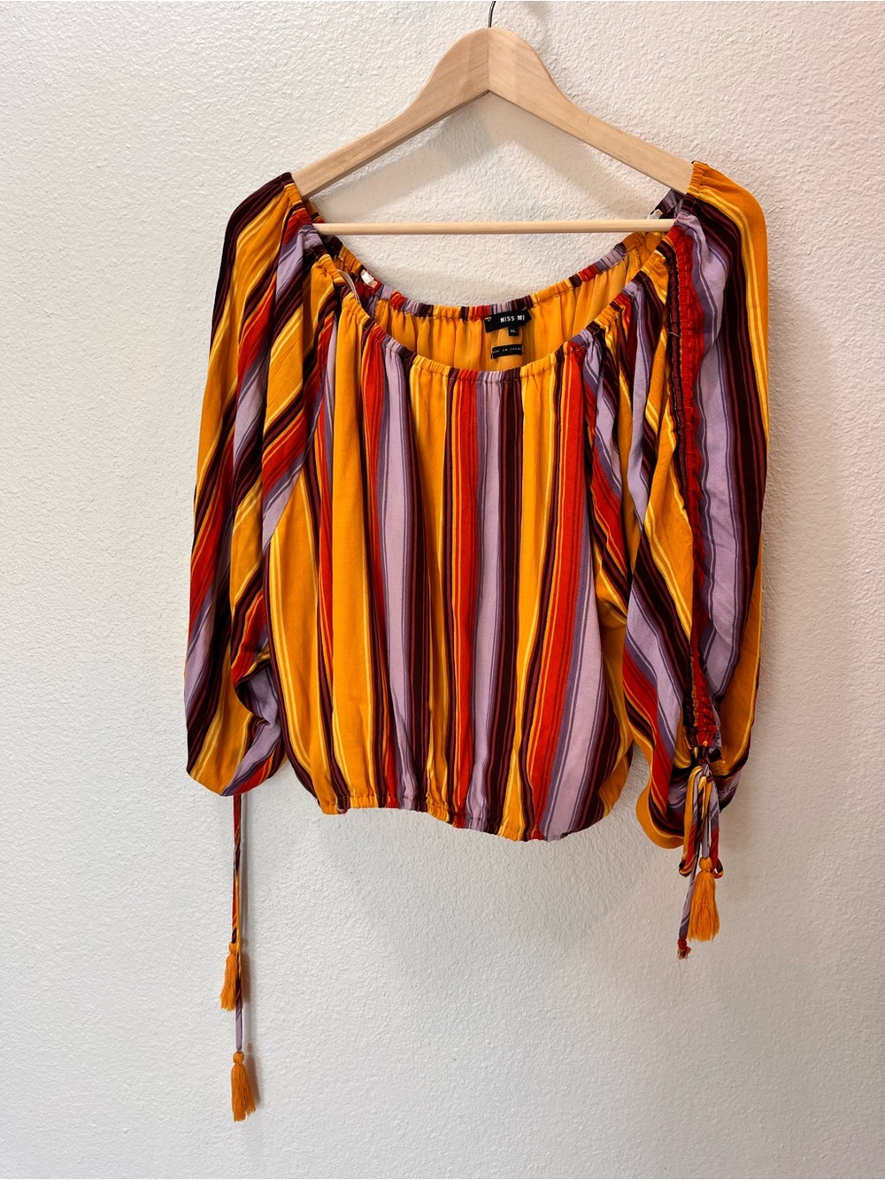 Miss Me Striped Off-Shoulder Top in Mustard, Red & Lavender